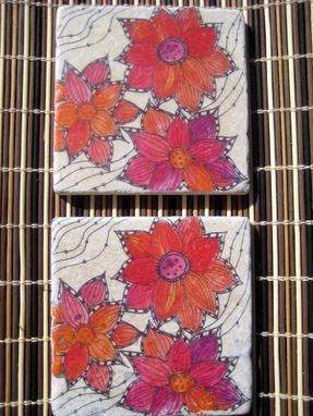 Custom Made Tile Coasters Handmade- Flower Coasters Red Orange With Original Artwork-Set Of 4
