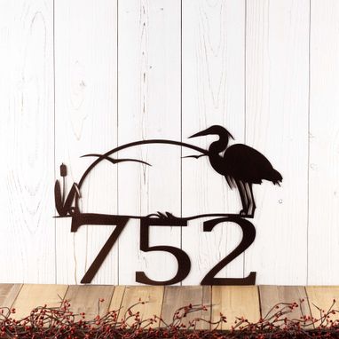 Custom Made House Number Metal Sign With Great Blue Heron Silhouette