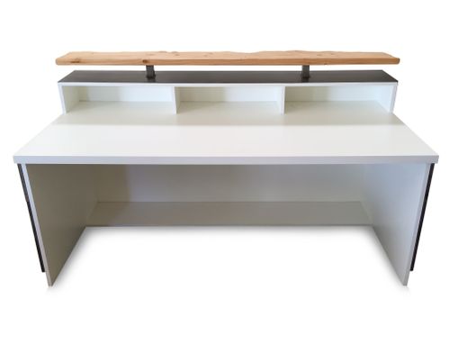 Custom Made #2 White Reception Desk Or Sales Counter With Distressed Reclaimed Wood And Live Edge Riser