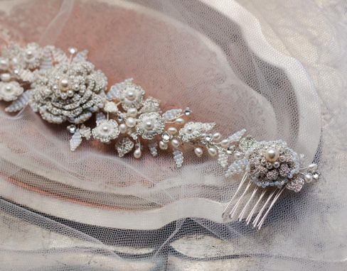 Custom Made Custom Wedding Headpiece | Romantic Silver Floral Hair Vine With Lace, Pearls, Crystals