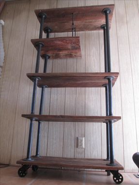 Custom Made Industrial Pipe And Reclaimed Oak Shelving With Casters