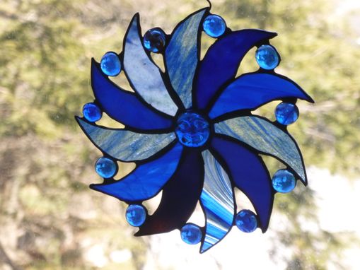 Custom Made Moon Face And Sun Rays Stained Glass Art In Blue