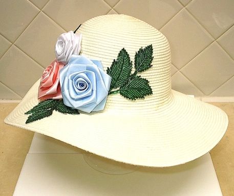 Custom Made Panama Hat With Ribbon Roses And Bead Leaf Appliques