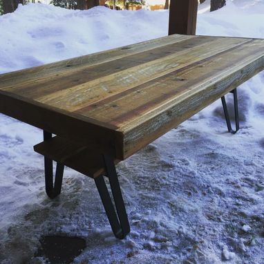 Custom Made Reclaimed Wood Coffee Table With Flat Iron Legs And Shelf