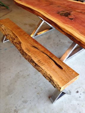 Custom Made Large Single Slab Redwood Table With Quilted Maple Benches