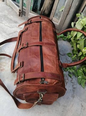 Custom Made Personalised Handmade Four Pocket Rustic Brown Leather Barrel Duffle Bag