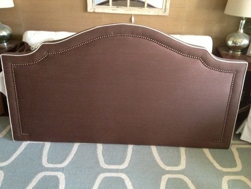 Custom Made Notched Upholstered Headboard, Chocolate Brown Linen, Light Colored Cording