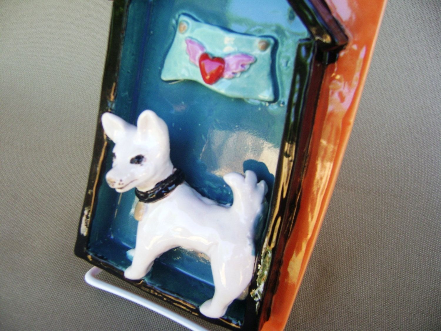 Hand Crafted Dog House Ceramic Tile With A Heart Banner, Wall Hanging