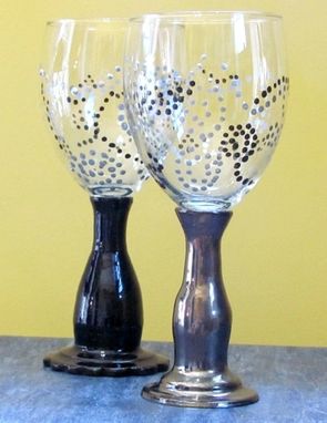 Custom Made 2 Hand Painted Wine Goblet With Chocolate Stoneware Pottery Glazed Stem