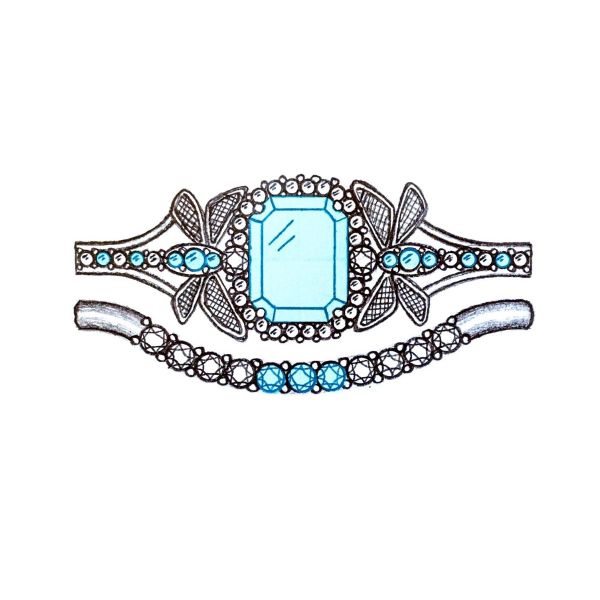 Sketch of a dragonfly inspired aquamarine engagement ring.