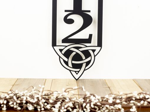 Custom Made Vertical Metal House Number Sign, Celtic Knot, 3 Digit - Matte Black Shown