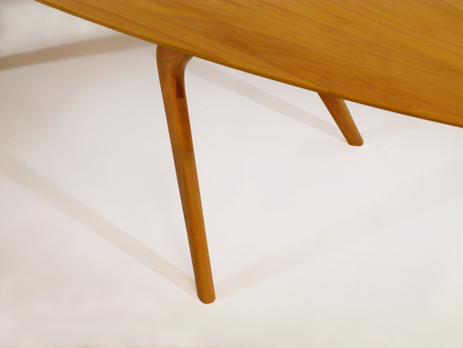Custom Made Modern Coffee Table, Boomerang Leg Design With Surfboard Top. Mid-Century, Danish Design Influence.