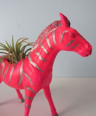 Custom Made Upcycled Toy Planter - Neon Pink Zebra With Silver Stripes And Air Plant