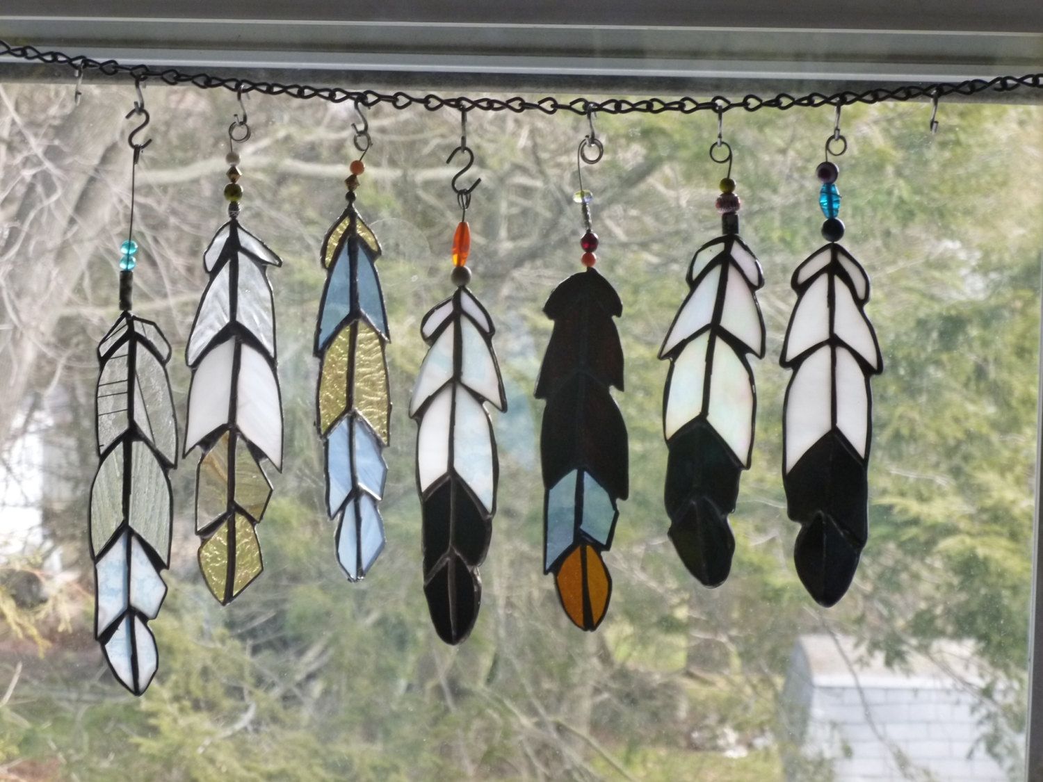 Trish York Glass Monkey Arts Stained Warwick Ri Multicolored Stained Glass Eagle Feather With Beads Or Crystals By