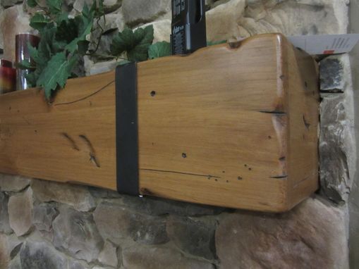 Custom Made Knotty Alder Beam Mantel With Thick Hand Hammered Straps