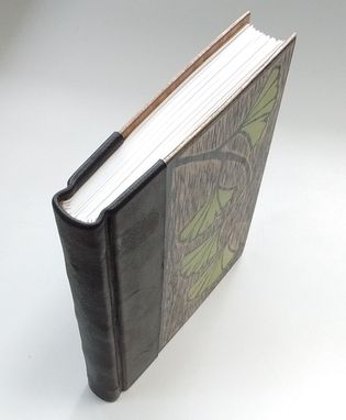 Custom Made Handmade Book, Bound In Leather And Wood, With Original Block Print Art On Cover