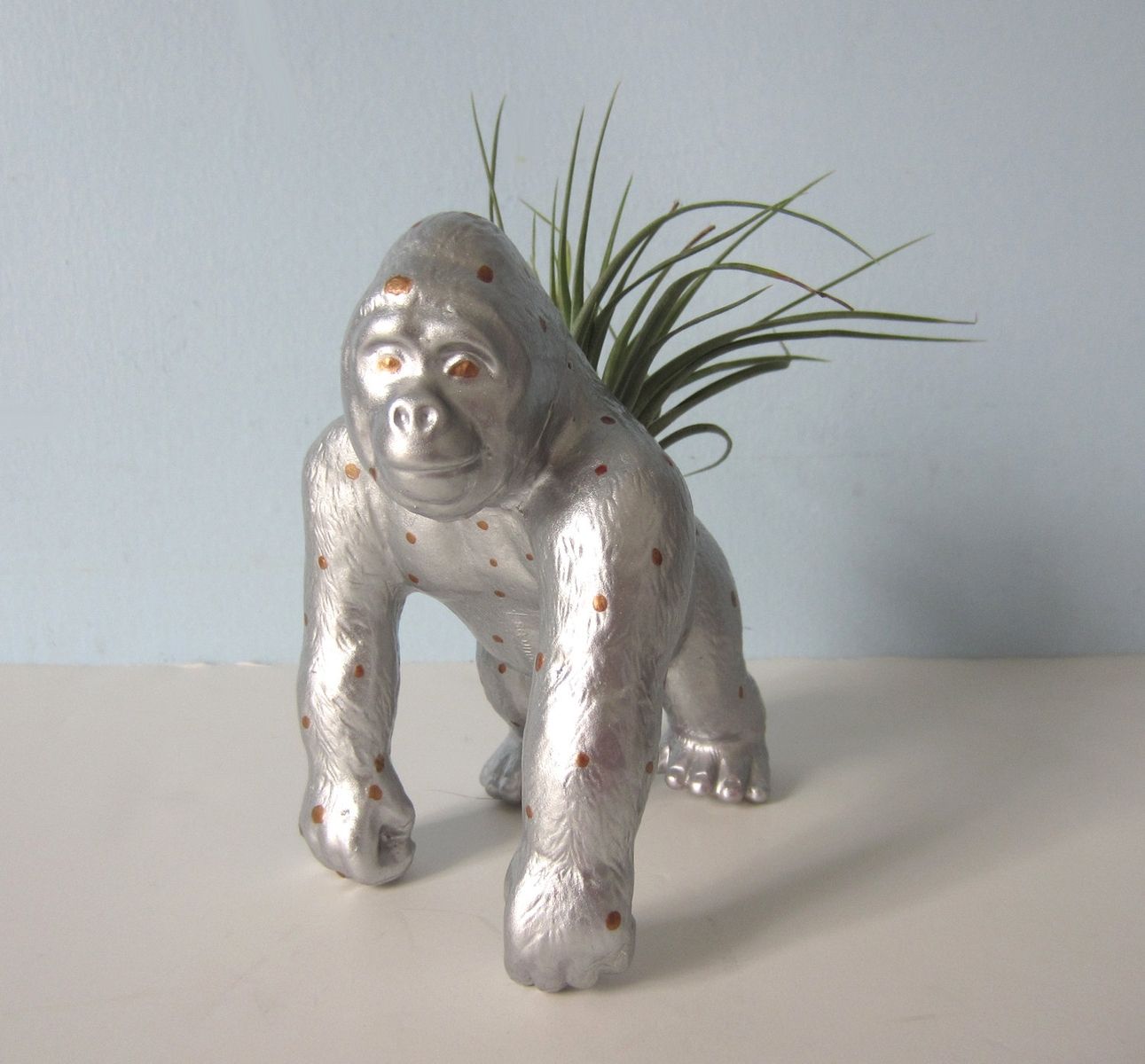 Hand Made Upcycled Toy Planter Large Silver And Gold Polka Dot Gorilla With Air Plant by Found Beauty Studio | CustomMade.com