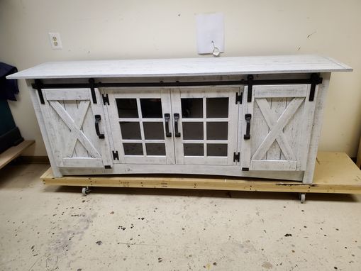 Custom Made 84" Rustic White Tv Cabinet / Wall Unit With Sliding Barn Doors
