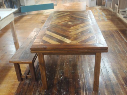 Custom Made Reclaimed Farmers Table With Herringbone Pattern And Leaves