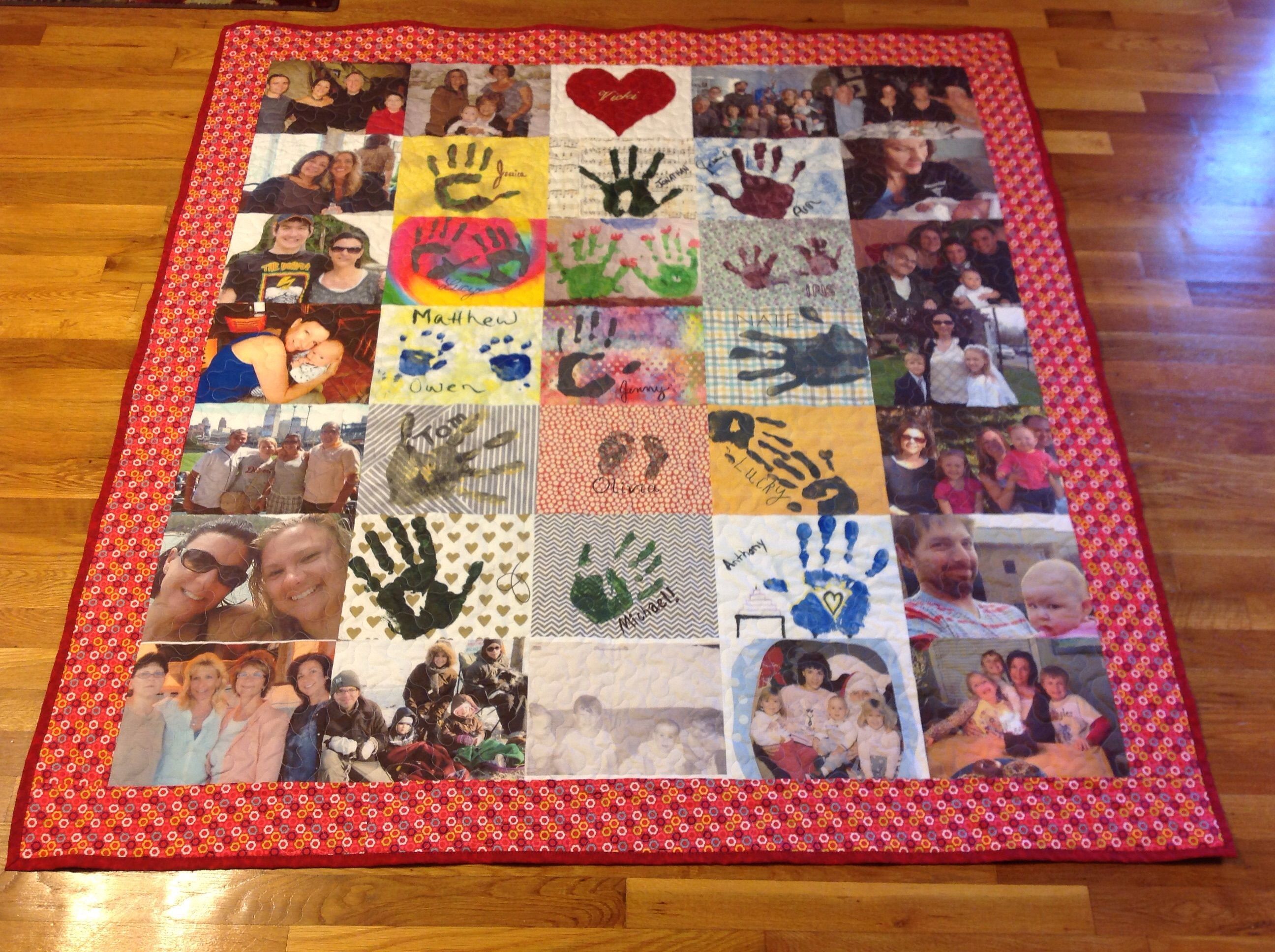 Hand Crafted Custom Handprint Photo Memory Quilt With Applique And