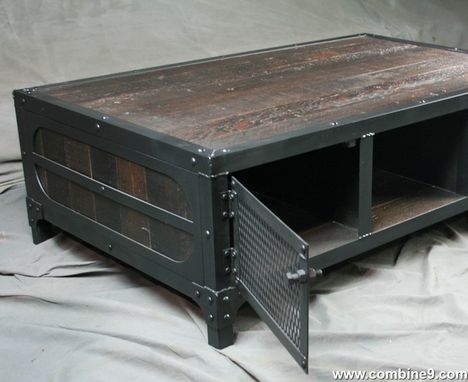 Custom Made Vintage Style Coffee Table. Reclaimed Wood And Steel Coffee Table. Rustic Coffee Table With Storage.