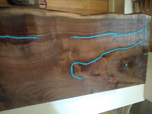 Custom Made Live Edge Walnut Slab Console / Sofa Table With Turquoise Inlay