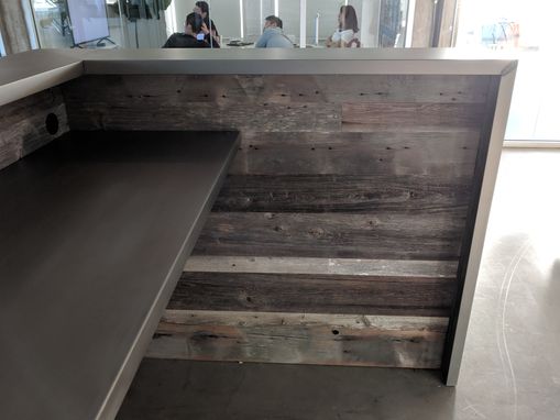 Custom Made Silvered Reclaimed Barnwood And Stainless Steel Reception Desk