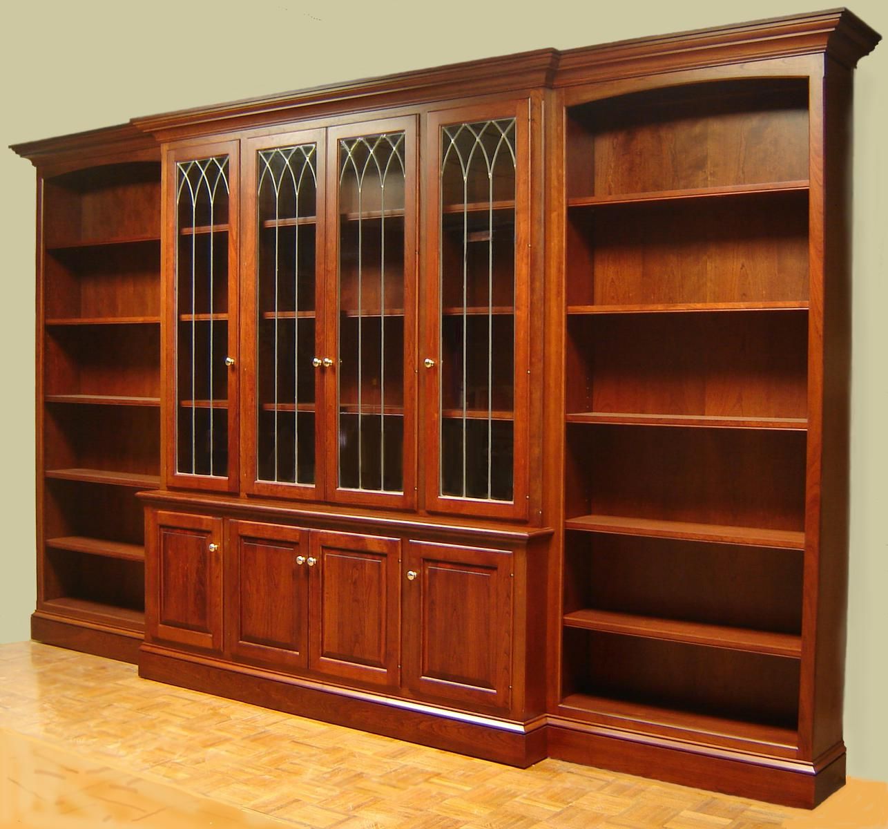 Hand Crafted Cherry Bookcase With Leaded Glass Doors And Open Side