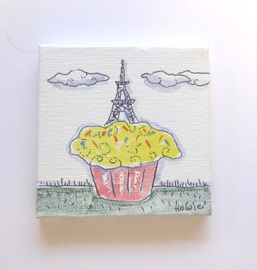 Custom Made Eiffel Tower On A Cupcake Original Acrylic Painting Pen And Ink On Canvas