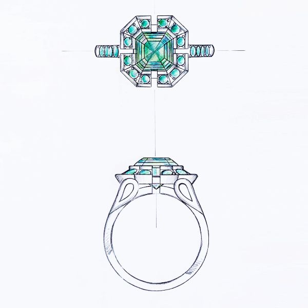 Our design for a unique, Deco-inspired halo engagement ring.