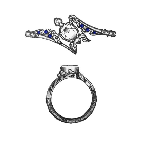 A Hawian-inspired engagement ring showcases a moissanite stone with sapphire accents.
