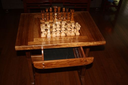 Custom Made Chess Table And Benches W/  Chessmen And Checkers