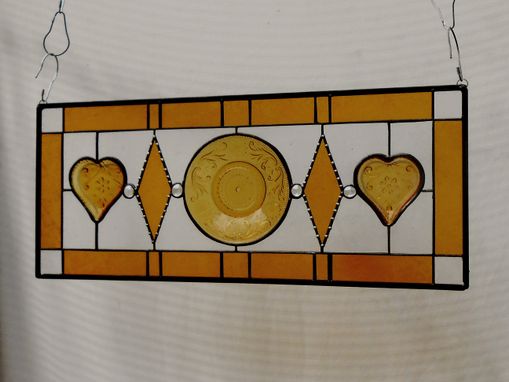 Custom Made Stained Glass Transom Window, Sandwich Glass Stained Glass Plate Panel With Vintage Tiara Hearts