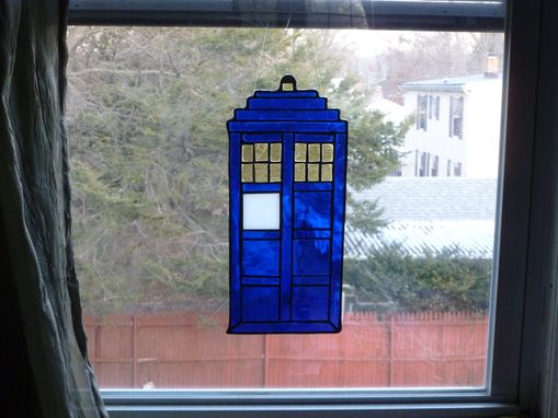 Custom Made Fabulous Blue And Silver Tardis Stained Glass Ornament