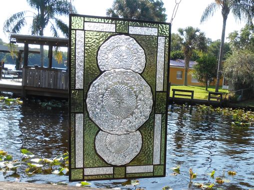 Custom Made Depression Glass Pineapple And Floral Stained Glass Window, Antique Plate Panel, Window Valance