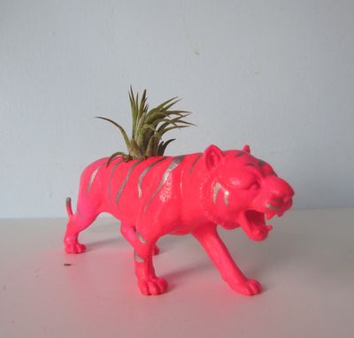 Custom Made Upcycled Toy Planter - Neon Pink Tiger With Silver Stipes And Air Plant