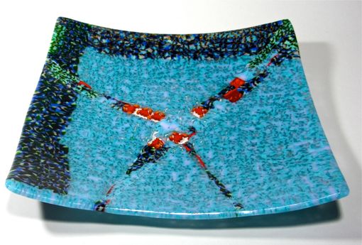 Custom Made Fused Glass Platter Blue Green Red 12 Inches Sculpture Murrini