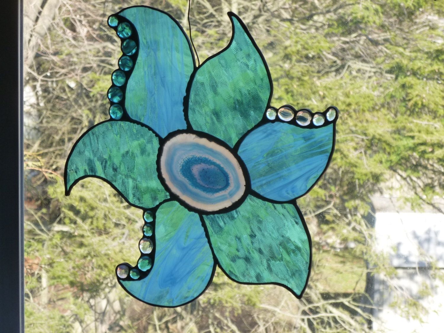 Custom Made Brazilian Agate Turquoise Flower Stained Glass Art by Glass