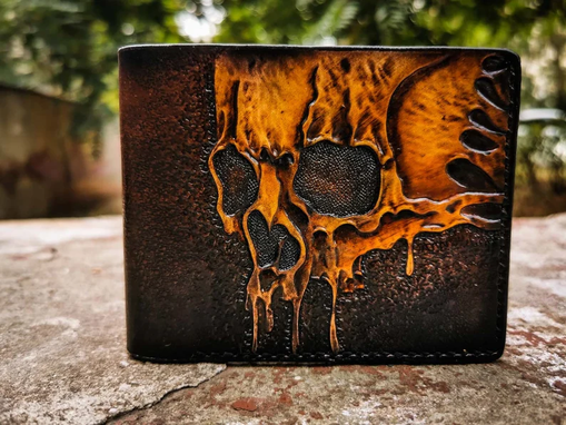 Custom Made Ukraine Leather Bifold Skull Wallet, Mens Leather Chain Biker Wallet