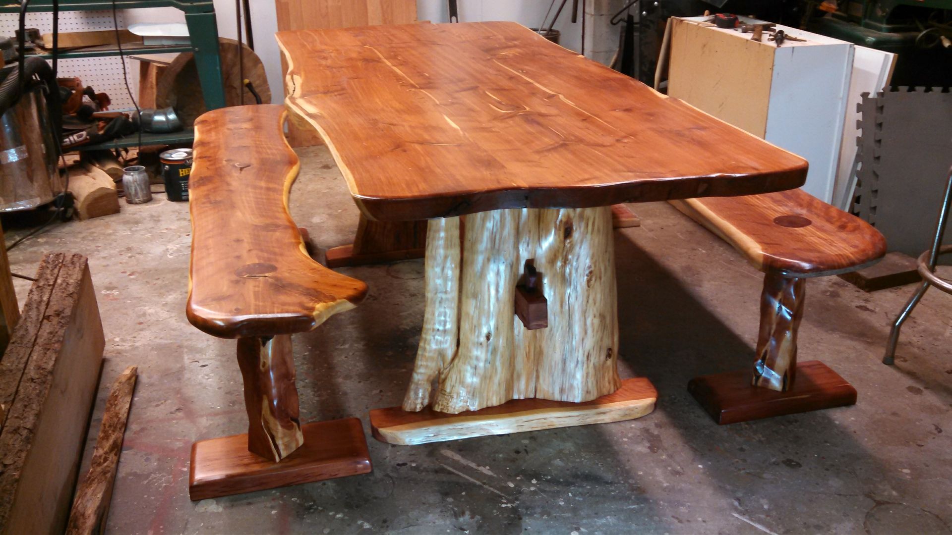 Custom Live Edge Cedar Dining Table And Benches by timbertotables