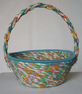 Custom Made Cloth Basket W/Handle - Coiled - Wrapped Clothesline - Small Round -Turquoise/Pink/Blue
