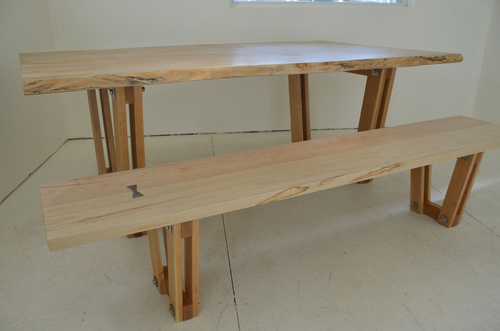Hand Crafted Curly Maple Live Edge Table And Bench With Inlay by