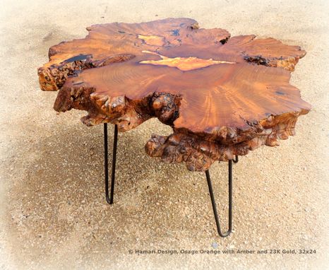 Custom Made Coffee Table, Live Edge Burl Inlaid With Amber And 24k Gold