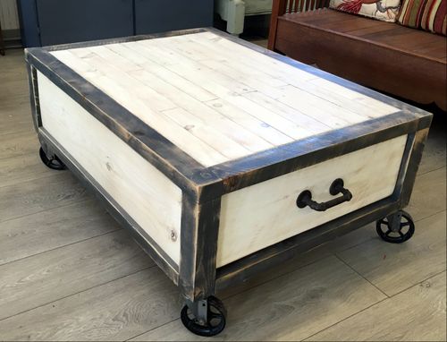 Custom Made Large Rustic Industrial Coffee / Cocktail Table W/ Drawers On Cast Iron Casters / Wheels