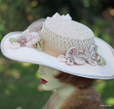 Custom Made Edwardian Pale Pink Lace Wide Brim Summer Hat