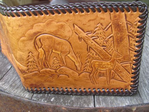 Custom Made Hunting Design Handcarved Leather Wallet, Big Whitetail Buck, Doe And Fawn
