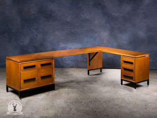 Custom Made Hardwood Maple Corner Desk, Pecan Finish With Dual Drawer Banks, Modern Office Corner Desk