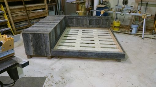 Custom Made Platform Bed With Side Hutch In Reclaimed Oak Barn Wood