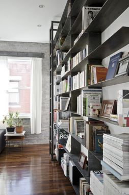 Custom Made Minimal, Blackened-Steel Bookshelves With Rolling Library Ladder