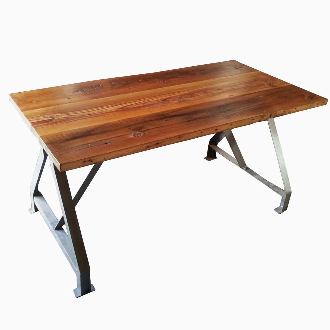High table with metal base and aged wood top